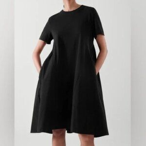 All:Row Black Crew Neck A-Line Combination Fabric Pleated Dress - Small